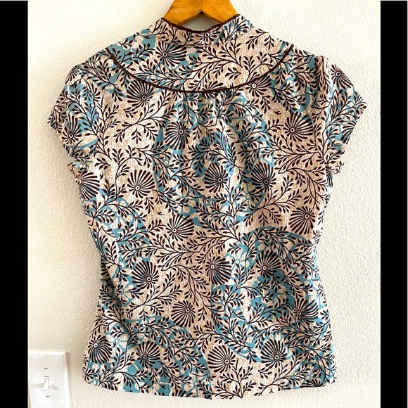 HILARD & HANSON Woman’s Brown & Blue Cap Sleeve Cotton Button Down Top size L - Picture 2 of 5